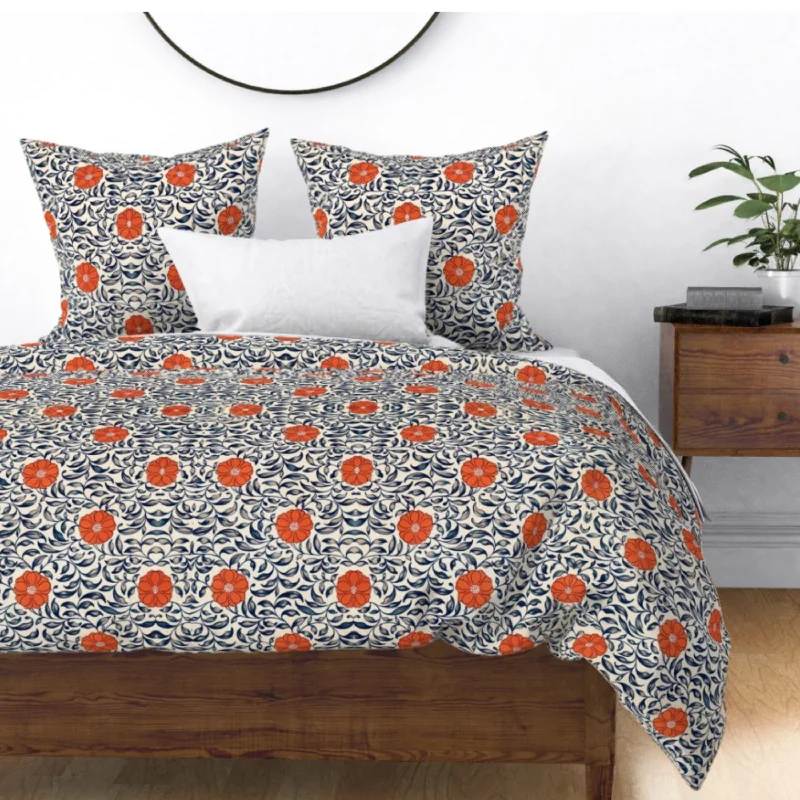 Plush Pillows for a Cozy BedVintage Orange Blue Flowers Cotton Bedding Set Duvet Cover, Pillow Shams Plush Pillows for a Cozy BedVintage Orange Blue Flowers Cotton Bedding Set Duvet Cover, Pillow Shams
