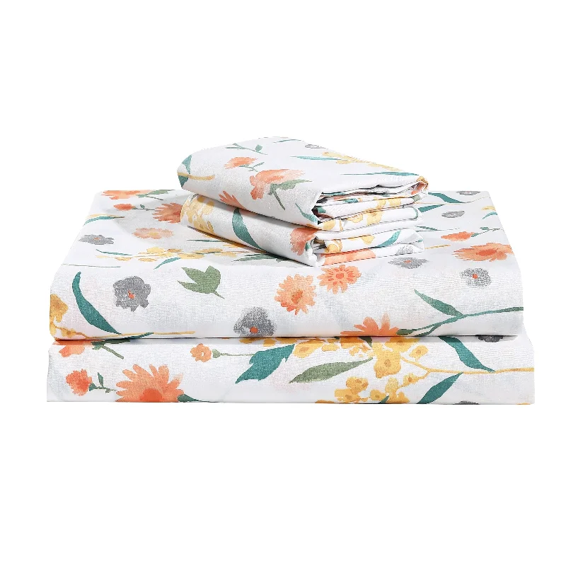 Fitted Sheets with Reinforced Corners for Long - Lasting UseEstella Orange White Floral 100% Cotton Sheet set with pillowcase Fitted Sheets with Reinforced Corners for Long - Lasting UseEstella Orange White Floral 100% Cotton Sheet set with pillowcase