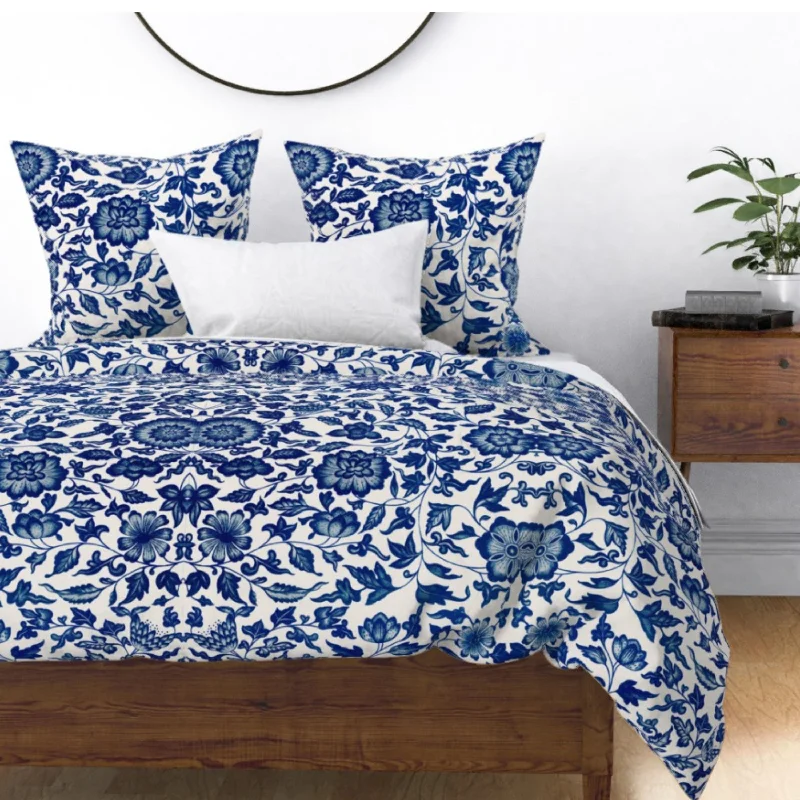 Round Pillows for Boho-Style InteriorsVintage White Blue Pattern Flowers Cotton Bedding Set Duvet Cover, Pillow Shams Round Pillows for Boho-Style InteriorsVintage White Blue Pattern Flowers Cotton Bedding Set Duvet Cover, Pillow Shams