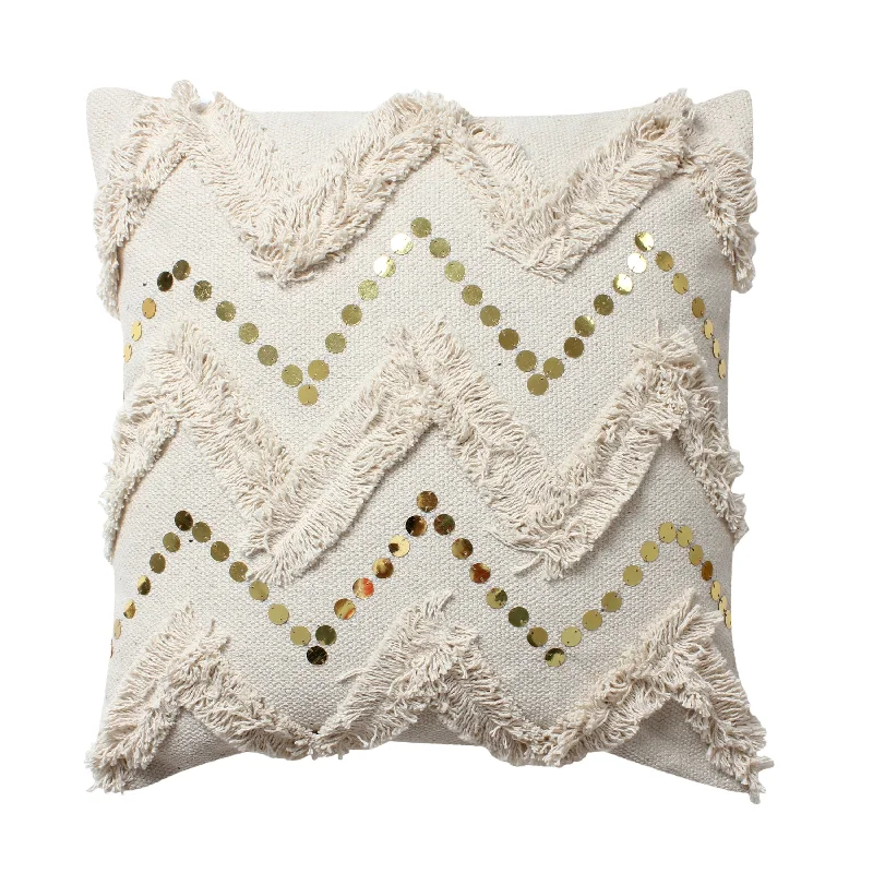 Plush Pillows for a Cozy BedMinimalistic Yet 18 x 18 Square Polycotton Handwoven Accent Throw Pillow, Fringed, Sequins, Chevron Design, Off White Plush Pillows for a Cozy BedMinimalistic Yet 18 x 18 Square Polycotton Handwoven Accent Throw Pillow, Fringed, Sequins, Chevron Design, Off White