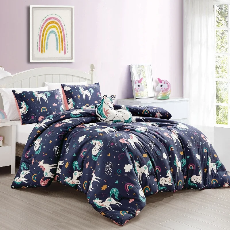 Silk - filled comforters for a luxurious and smooth touchDCP 4 Piece All Season Soft Polyester Bedding Comforter Set,Navy with Magic Unicorn Silk - filled comforters for a luxurious and smooth touchDCP 4 Piece All Season Soft Polyester Bedding Comforter Set,Navy with Magic Unicorn