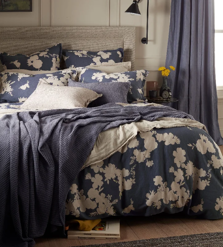 Custom - sized duvet covers to fit unique or non - standard bed framesInk Blue Flower Press Linen Blend Duvet Cover Custom - sized duvet covers to fit unique or non - standard bed framesInk Blue Flower Press Linen Blend Duvet Cover