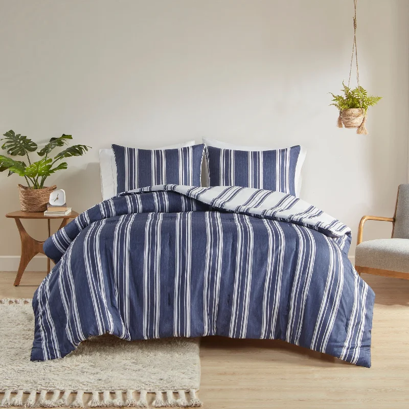 Wool - filled comforters with natural moisture - wicking and temperature - regulating featuresIntelligent Design Miles Navy Striped Reversible Comforter Set Wool - filled comforters with natural moisture - wicking and temperature - regulating featuresIntelligent Design Miles Navy Striped Reversible Comforter Set