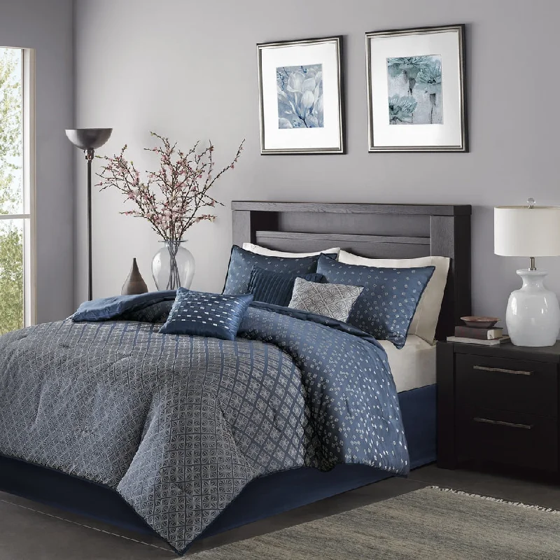 Duck down comforters with a softer feel and good warmth retentionMadison Park Morris Navy 7 Piece Comforter Set Duck down comforters with a softer feel and good warmth retentionMadison Park Morris Navy 7 Piece Comforter Set