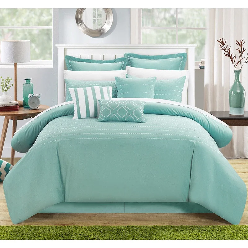 Synthetic - filled comforters like polyester for affordability and hypoallergenic propertiesPorch & Den Highland Stitch Embroidered Blue 9-piece Comforter Set